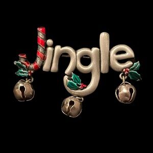 Vintage Signed JJ Jonette Pewter And Enamel Jingle Bells Brooch